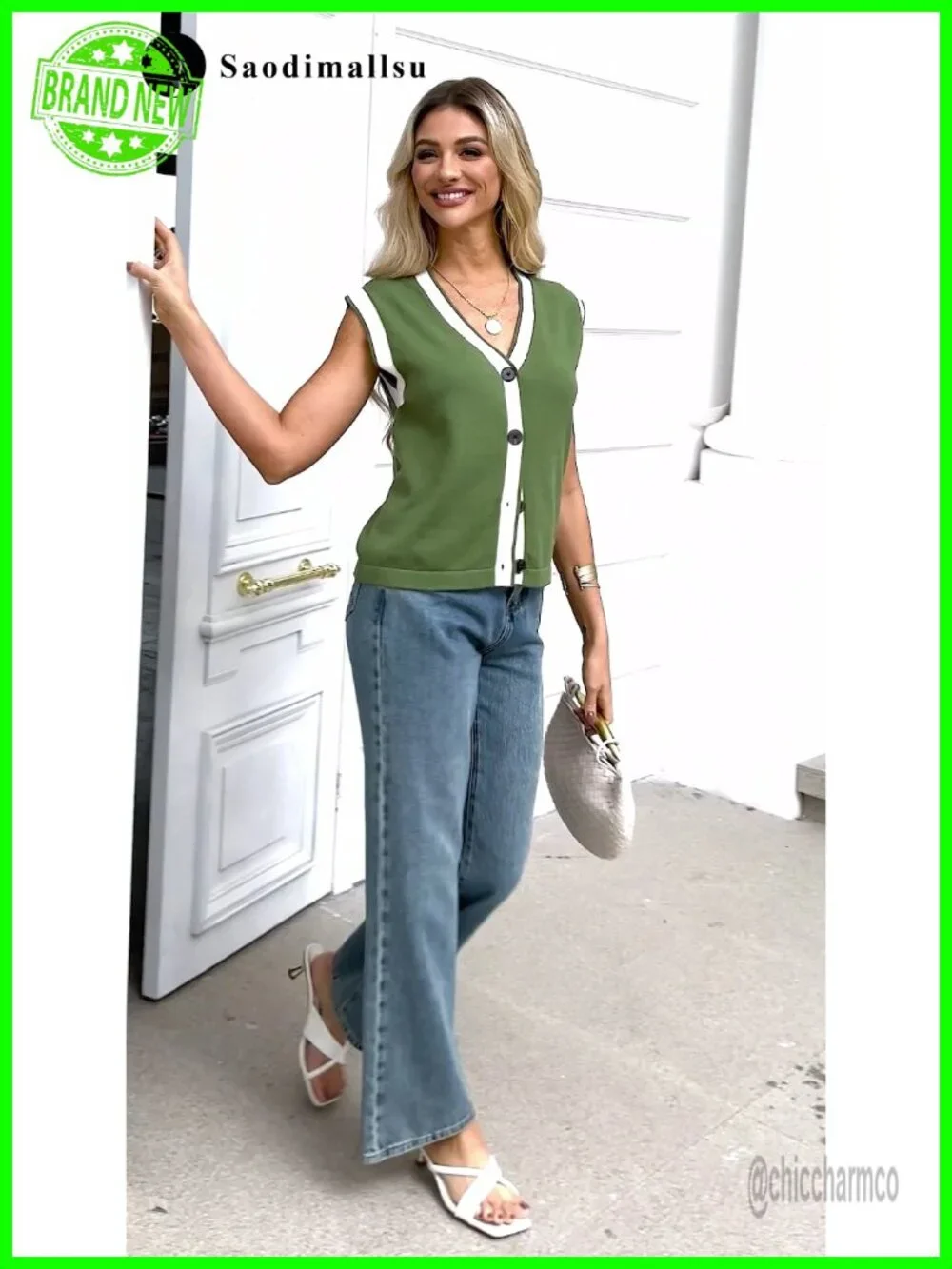Women's V Neck Sweater Vest Button Down Cap Sleeve Loose Knit Tank Top